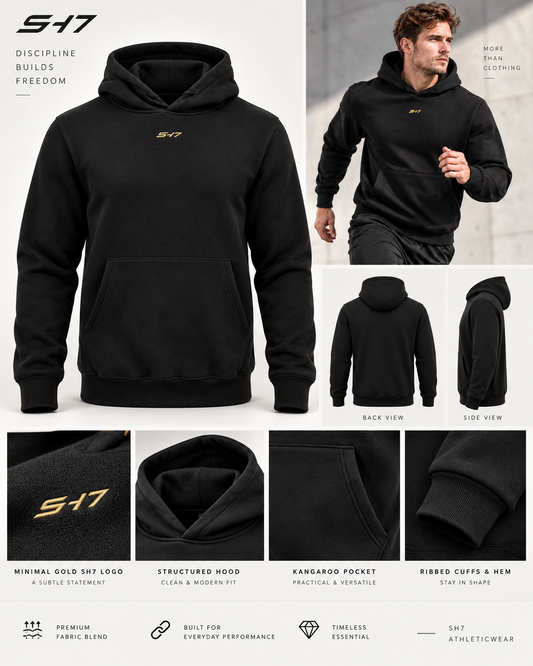 SH7 Essential Hoodie – Black / Gold Logo